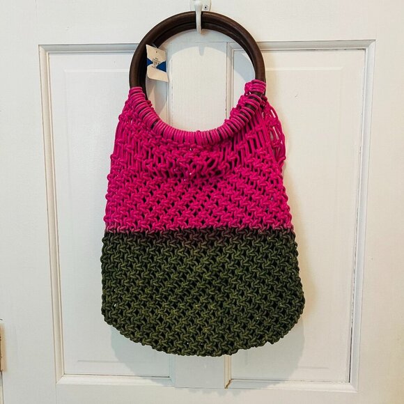 SURF GYPSY Woven Purse/Beach Boho Bag Wood Handle Pink and Green - Picture 1 of 16